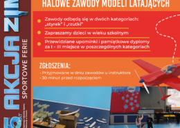 Plakat zapowiadający halowe zawody modeli latających dla dzieci, z grafikami samolotów, informacją o lutowym terminie, miejscu w Żorach oraz zdjęciami młodych uczestników podczas lotów modeli.