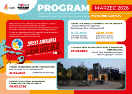 Kolorowy plakat w czerwono-pomarańczowo-turkusowej stylistyce z dużym nagłówkiem „PROGRAM MARZEC 2026”, blokami informacyjnymi o wydarzeniach sportowych, grafiką piłki oraz zdjęciem tężni solankowej, prezentujący marcowe wydarzenia MOSiR Żory.