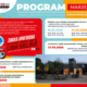 Kolorowy plakat w czerwono-pomarańczowo-turkusowej stylistyce z dużym nagłówkiem „PROGRAM MARZEC 2026”, blokami informacyjnymi o wydarzeniach sportowych, grafiką piłki oraz zdjęciem tężni solankowej, prezentujący marcowe wydarzenia MOSiR Żory.