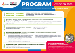 Plakat informacyjny „Program – kwiecień 2026” MOSiR Żory, prezentujący harmonogram wydarzeń sportowo-rekreacyjnych wraz z datami, opisami oraz informacją o zapisach na XIII Żorski Bieg Ogniowy.