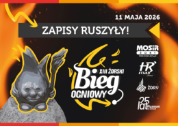 Plakat w czarno-pomarańczowej, „ognistej” stylistyce z dużym napisem „Zapisy ruszyły!” oraz logo XIII Żorskiego Biegu Ogniowego, zawierający ilustrację charakterystycznej rzeźby-diabełka z widłami, graficzne płomienie i logotypy partnerów wydarzenia.
