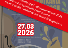 Plakat w niebiesko-żółtej stylistyce z ilustracjami instrumentów (klawisze, skrzypce, saksofon) i zdjęciem tężni solankowej, przekreślony ukośnym czerwonym paskiem z informacją o przełożeniu wydarzenia z powodu niekorzystnych warunków pogodowych.