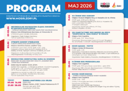 Plakat przedstawia program wydarzeń MOSiR Żory na maj 2026 roku – zawiera zestawienie imprez sportowych i rekreacyjnych wraz z datami, miejscami oraz krótkimi opisami.