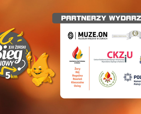 Grafika przedstawia partnerów XIII Żorskiego Biegu Ogniowego na dystansie 5 km. Po lewej stronie znajduje się logo wydarzenia z płomykiem trzymającym pochodnię, natomiast po prawej zaprezentowano logotypy