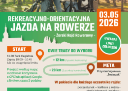 Plakat promujący rekreacyjno-orientacyjną jazdę na rowerze – Żorski Rajd Rowerowy, zawierający trasę, zasady udziału oraz szczegóły organizacyjne wydarzenia.