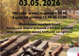 Plakat zapraszający na otwarte zawody strzeleckie z okazji rocznicy uchwalenia Konstytucji 3 Maja, zawierający datę wydarzenia, godziny zapisów oraz dodatkowe atrakcje.