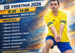 Plakat promujący VII Turniej Siatkówki Samorządowców Subregionu Zachodniego o Puchar Krainy Górnej Odry, zawierający termin, miejsce oraz listę uczestniczących drużyn.