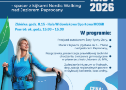 Plakat informacyjny wydarzenia „Wiosenne przebudzenie” z okazji 35-lecia MOSiR Żory, przedstawiający program wyjazdu na spacer Nordic Walking nad Jeziorem Paprocany wraz z najważniejszymi informacjami organizacyjnymi.