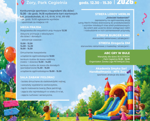 Plakat w kolorowej, bajkowej stylistyce promuje Miejski Dzień Dziecka w Parku Cegielnia w Żorach. Na grafice widoczne są dzieci bawiące się na dmuchańcu, balony, girlandy oraz informacje o atrakcjach, partnerach i godzinach wydarzenia.
