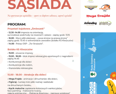 Plakat przedstawia wydarzenie „Dzień Sąsiada” organizowane 23 maja 2026 roku. Na grafice widoczny jest program atrakcji sportowo-rekreacyjnych, animacji dla dzieci oraz pokazów OSP, a całość utrzymana jest w kolorowej, sąsiedzkiej stylistyce z ilustracjami domów i natury.