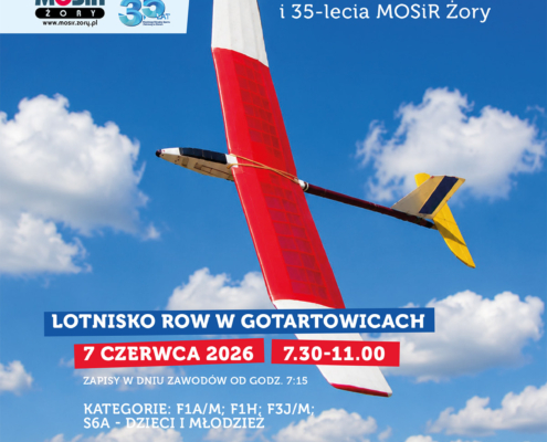 Plakat promuje wydarzenie „Młodzi modelarze i lotnicy na start” organizowane z okazji Dnia Dziecka i 35-lecia MOSiR Żory. Na grafice widoczny jest model szybowca na tle nieba i lotniska oraz informacje o terminie, miejscu i kategoriach zawodów modelarskich dla dzieci i młodzieży.