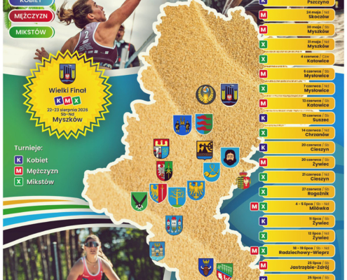 Plakat promuje XI Otwarte Mistrzostwa Śląska w siatkówce plażowej. Na grafice widoczni są zawodnicy podczas gry, mapa województwa z lokalizacjami turniejów oraz harmonogram rozgrywek kobiet, mężczyzn i mikstów odbywających się w różnych miastach regionu.