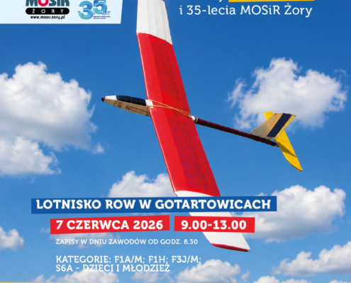 Plakat promuje wydarzenie „Młodzi modelarze i lotnicy na start” organizowane z okazji Dnia Dziecka i 35-lecia MOSiR Żory. Na grafice widoczny jest model szybowca na tle nieba i lotniska oraz informacje o terminie, miejscu i kategoriach zawodów modelarskich dla dzieci i młodzieży.