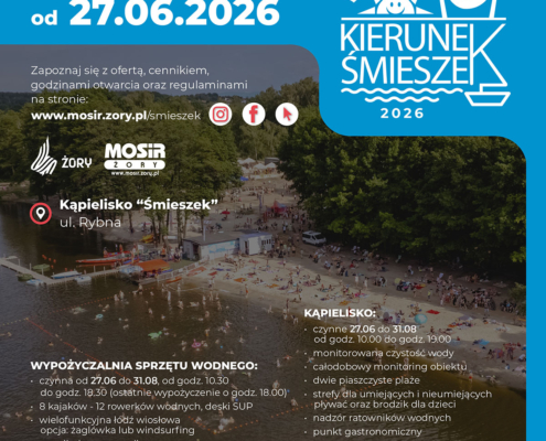 Grafiki informacyjne dotyczące kąpieliska z widokiem na teren rekreacyjny, plażę, wodę i wypoczywających odwiedzających. Widoczne są także elementy graficzne oraz zdjęcie sprzętu wodnego.