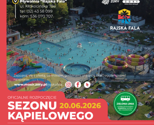 Grafika promująca sezon kąpielowy z widokiem z góry na odkryty kompleks basenowy z atrakcjami wodnymi i zjeżdżalnią. Widoczne są elementy graficzne oraz logotypy organizatorów.
