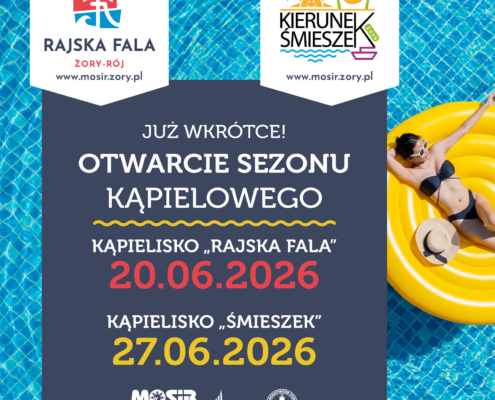 Grafika promująca otwarcie sezonu kąpielowego. W tle widoczna jest błękitna woda basenowa oraz osoba odpoczywająca na żółtym dmuchanym kole. Na środku znajduje się ciemny panel informacyjny z logotypami organizatorów.