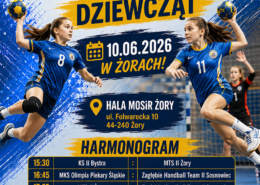 Plakat sportowy w niebiesko-żółtej kolorystyce z dynamicznymi grafikami zawodniczek piłki ręcznej. Widoczne są logotypy, elementy graficzne piłek oraz tabela z informacjami w dolnej części.