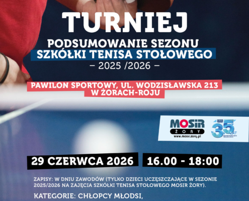 Grafika promująca turniej tenisa stołowego. W tle widoczny jest zawodnik trzymający rakietkę, stół do gry oraz elementy graficzne i logotypy organizatorów.
