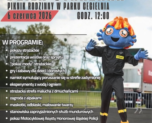 Grafika promująca Dzień Strażaka w Parku Cegielnia. Widoczna maskotka strażaka oraz program wydarzenia obejmujący pokazy, atrakcje dla dzieci, prezentację sprzętu i działania służb mundurowych.