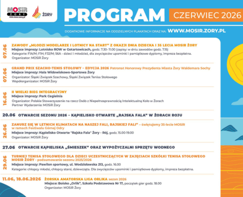 Plakat w niebiesko-pomarańczowej kolorystyce z logotypami u góry i listą informacji w centralnej części. Po bokach widoczne są letnie ilustracje nawiązujące do słońca, wody i natury.
