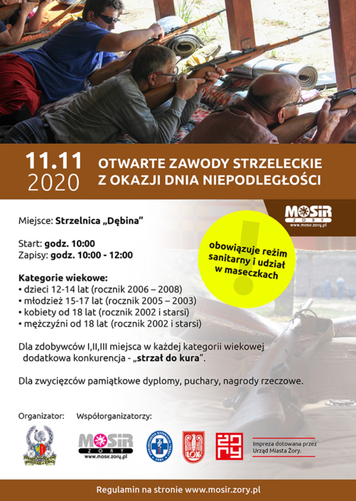 Plakat prezentujący szczegóły zawodów strzeleckich, na zdjęciu grupa strzelców celujących z broni