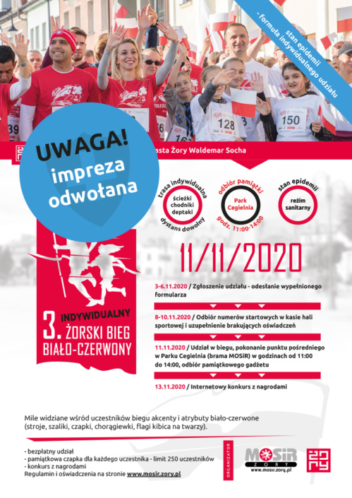 Plakat zapowiadający imprezę, na zdjęciu grupa biegaczy w biało-czerwonych barwach