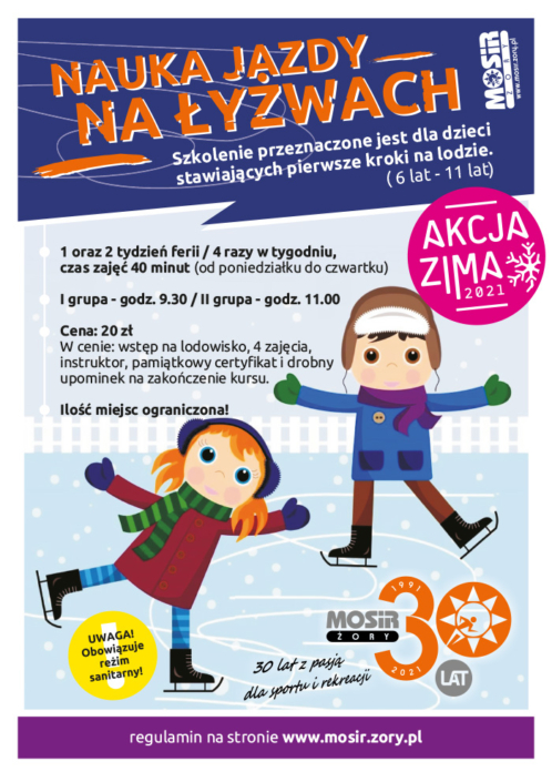 Plakat informujący o szkółce łyżwiarskiej, na ilustracji dwoje dzieci jeżdżących na lodzie Plakat informujący o szkółce łyżwiarskiej, na ilustracji dwoje dzieci jeżdżących na lodzie