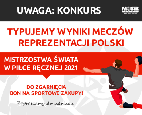 Grafika przedstawia informację o konkursie typowania wyników, na ilustracji piłkarz ręczny w pozycji rzutu