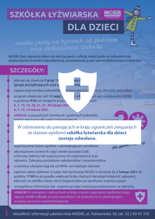 Na plakacie biała tarcza z krzyżem i informacja o odwołaniu szkółki łyżwiarskiej dla dzieci.