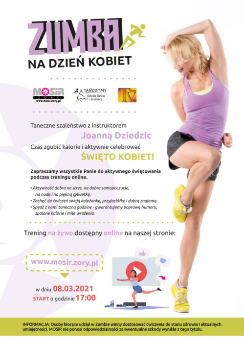 Na plakacie informacje dotyczące treningu zumby online, w tle zdjęcie wysportowanej, ćwiczącej kobiety w stroju sportowym na białym tle.