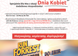Na plakacie informacje dotyczące akcji, u dołu kolorowy baner Run Forrest, w tle grafika gór i biegacza, u góry ilustracja biegających ludzi i logo 30-lecia MOSiR