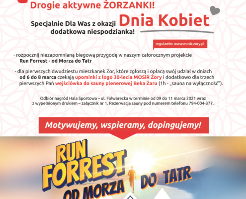 Na plakacie informacje dotyczące akcji, u dołu kolorowy baner Run Forrest, w tle grafika gór i biegacza, u góry ilustracja biegających ludzi i logo 30-lecia MOSiR