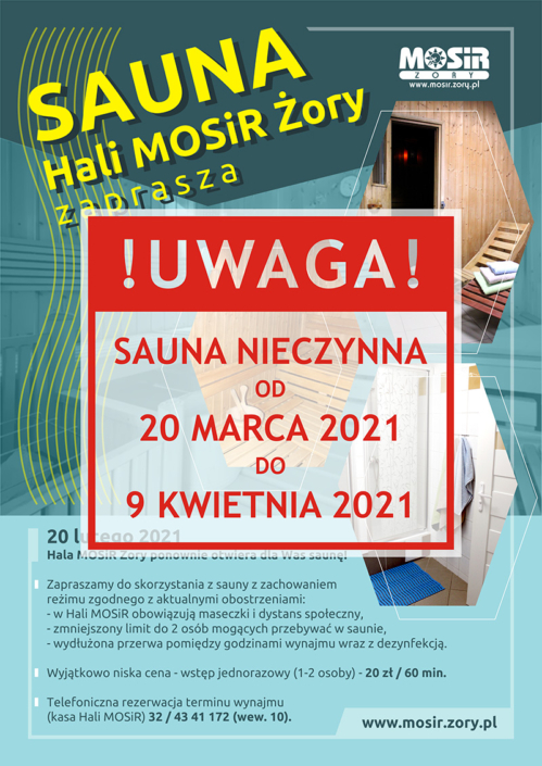 Na plakacie w tle zdjęcia sauny fińskiej informacje o ofercie, na środku informacja o zamknięciu sauny od 20 marca do 9 kwietnia 2021