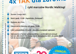 Na plakacie informacje dotyczące wydarzenia, w tle zdjęcie dwóch starszych osób z kijkami nordic walking