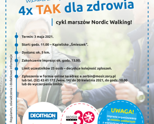 Na plakacie informacje dotyczące wydarzenia, w tle zdjęcie dwóch starszych osób z kijkami nordic walking