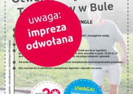 Na plakacie informacje dotyczące turnieju gry w bule, w tle zdjęcie gracza na boisku rzucającego kulą