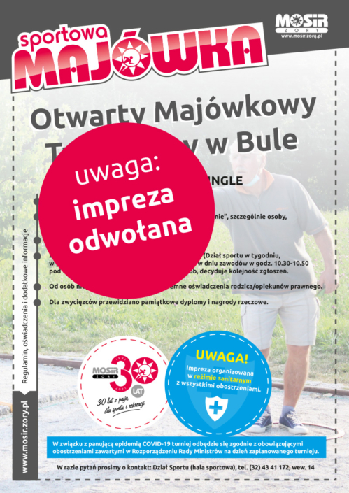 Na plakacie informacje dotyczące turnieju gry w bule, w tle zdjęcie gracza na boisku rzucającego kulą