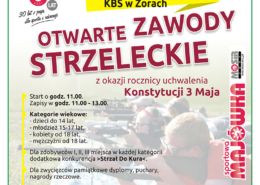 Na plakacie informacje dotyczące organizacji zawodów strzeleckich, w tle zdjęcie zawodników na strzelnicy