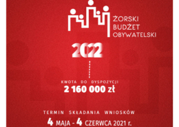 Plakat w kolorze czerwonym z napisami: Decydujemy razem! Żorski Budżet Obywatelski 2022. Kwota do dyspozycji: 2 160 000 zł, składanie wniosków 4 maja - 4 czerwca 2021 r. www.zoryekonsultacje.eboi.pl i www.zory.pl