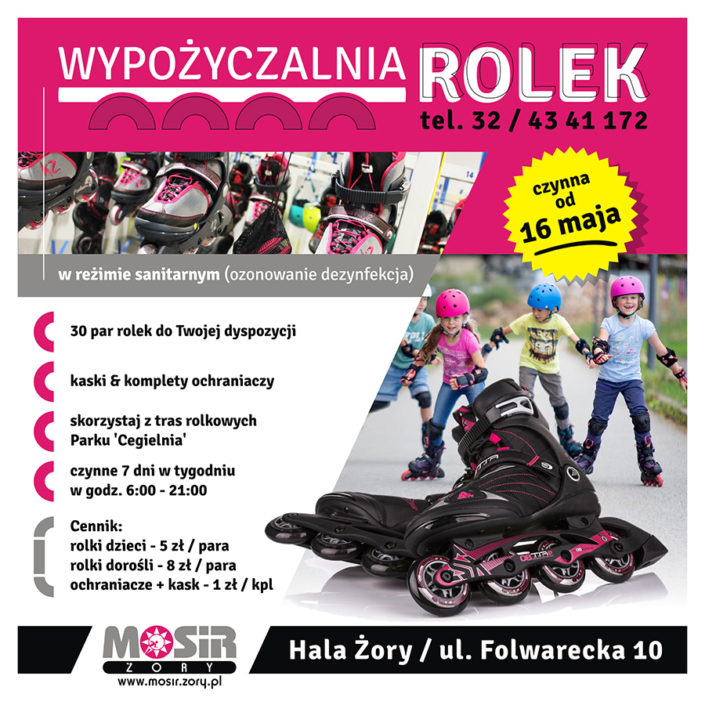 Na grafice informacje o wypożyczalni rolek, w tle zdjęcie dzieci jadących na rolkach, zdjęcie wypożyczalni i para leżących rolek