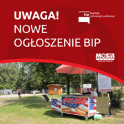 Na grafice informacja o nowym ogłoszeniu BIP, w tle zdjęcie budki gastronomicznej na trawie ośrodka w Żorach-Roju