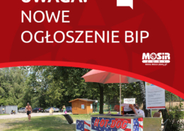 Na grafice informacja o nowym ogłoszeniu BIP, w tle zdjęcie budki gastronomicznej na trawie ośrodka w Żorach-Roju