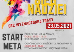 Na plakacie informacje o biegu charytatywnym na szarym tle, z boku kolorowa postać biegacza, u dołu logotypy partnerów i sponsorów