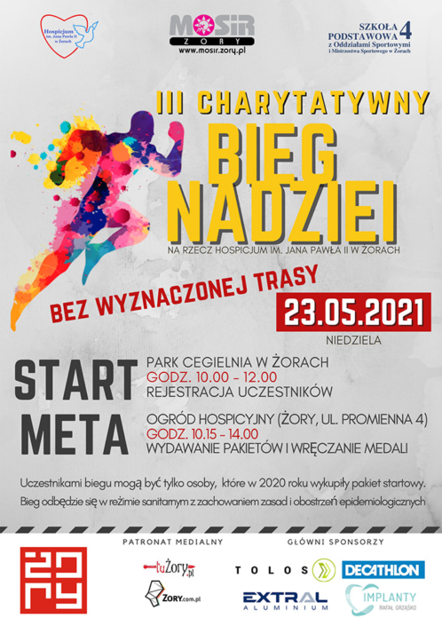 Na plakacie informacje o biegu charytatywnym na szarym tle, z boku kolorowa postać biegacza, u dołu logotypy partnerów i sponsorów