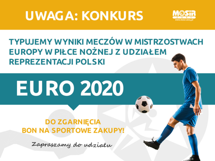Na grafice tekst o konkursie typowania wyników meczy na niebiesko-żółtym tle, z boku sylwetka piłkarza
