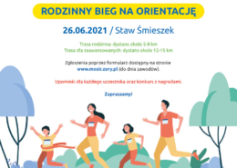 Na plakacie informacje opisujące Festiwal Górnej Odry na białym tle, u dołu ilustracja biegnącej rodziny w lesie