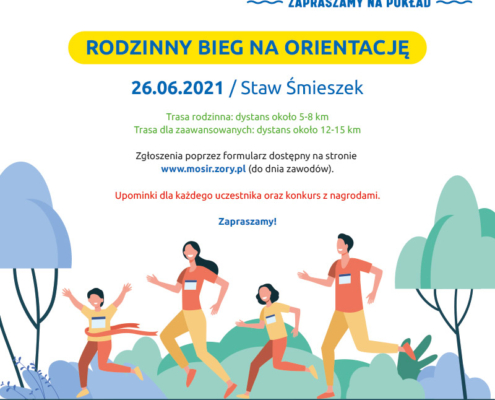 Na plakacie informacje opisujące Festiwal Górnej Odry na białym tle, u dołu ilustracja biegnącej rodziny w lesie