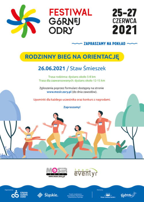 Na plakacie informacje opisujące Festiwal Górnej Odry na białym tle, u dołu ilustracja biegnącej rodziny w lesie