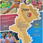 Na plakacie informacje o turnieju siatkówki plażowej, w tle zdjęcia zawodników na boisku zewnętrznym, kolaż zdjęciowy i kontury regionu