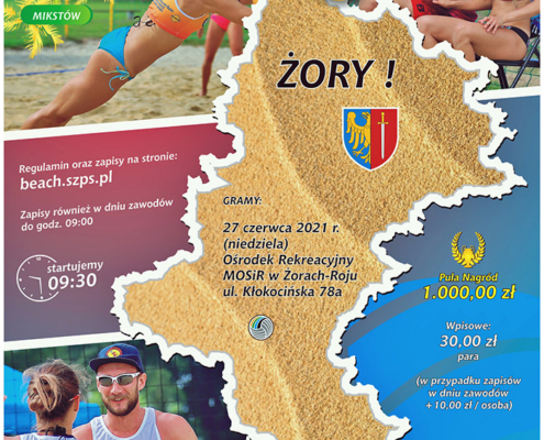 Na plakacie informacje o turnieju siatkówki plażowej, w tle zdjęcia zawodników na boisku zewnętrznym, kolaż zdjęciowy i kontury regionu